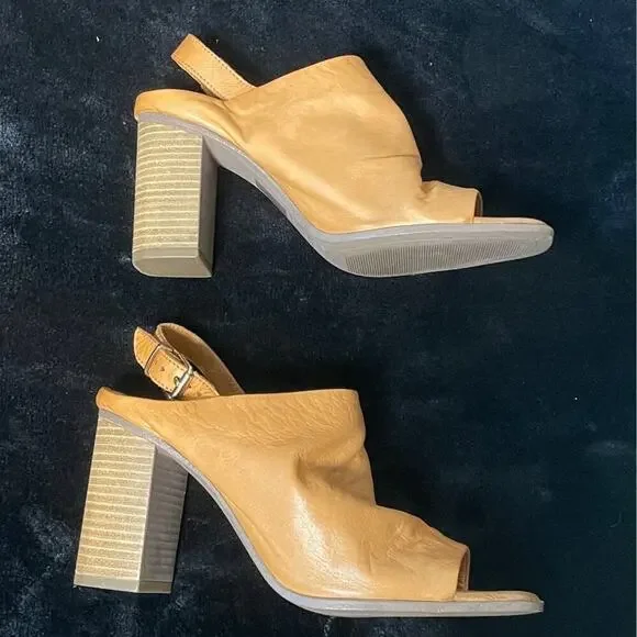 Aldo Camel Leather Heeled Sandals Women’s Size 6.5 Peep Toe Slingback Block Heel - Picture 3 of 8